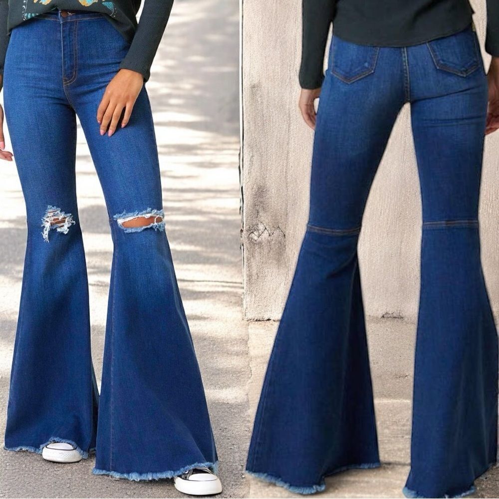 Mid Wash Distressed Knee Flare Jeans | High Rise Stretch | Raw Hem | NWT - Picture 5 of 16